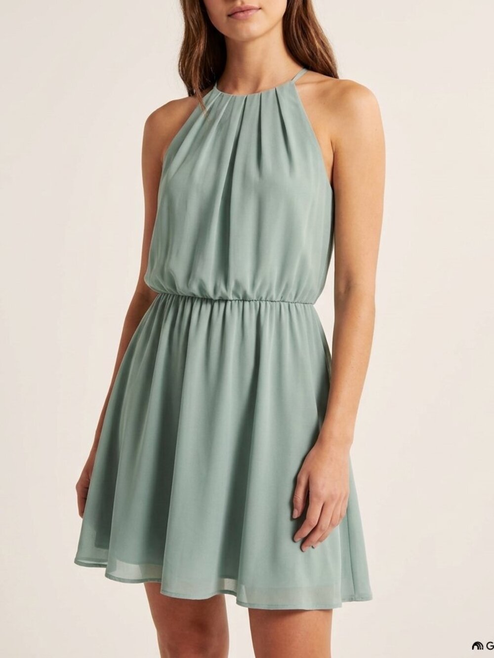 LUSH Sage Green Halter Neck Pleated Chiffon Mini Dress - Size XS